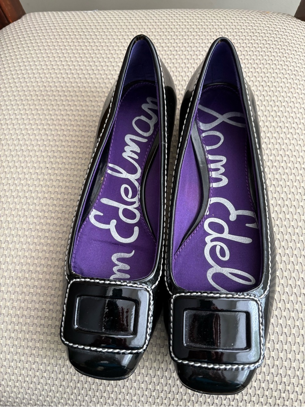 Sam Edelman Black Patent Leather Square-Toe Flats with Buckle